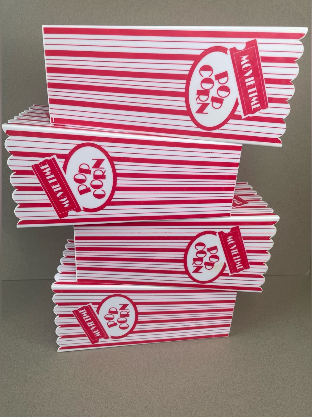 Set of 4 Movie Time Popcorn Buckets Vintage Plastic Tubs Striped Home Theater